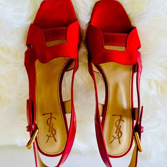 RED YSL Patten Leather & Suede mix high heels sandals. Open Toe, Slingback - Picture 2 of 16